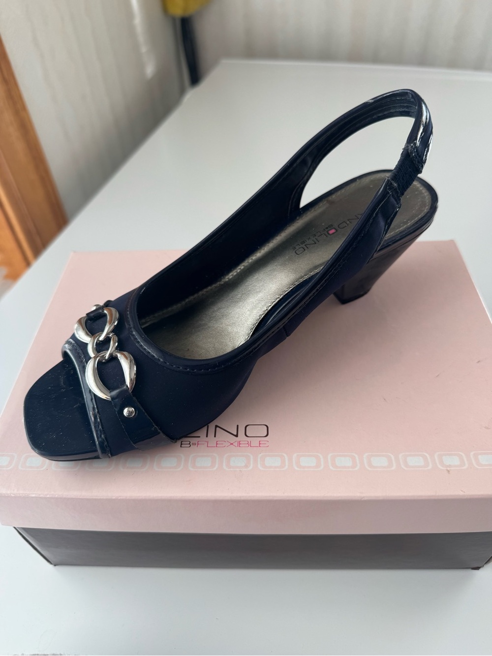 Bandolino Navy Slingback Peep-Toe Heel with Silver Chain Accent